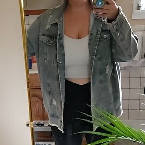 HYFVE Distressed Oversize Blue Denim Jacket Silver Buttons Classic Jean Jacket